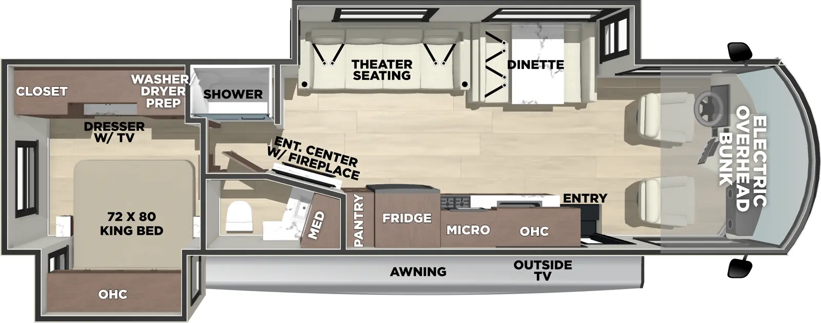 The Georgetown 5 Series GT5 31L5 floorplan has one entry and two slide outs. Exterior features include: 19' awning and outside entertainment. Interiors features include: rear bedroom, bunk over cab and dinette.